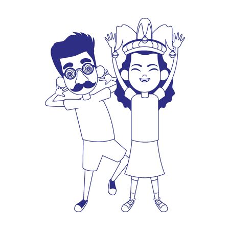 cartoon girl with jester hat and boy with crazy glasses icon over white background, vector illustrationのイラスト素材