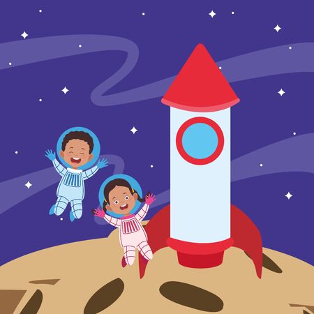 cartoon astronaut kids and space rocket over space background, colorful design. vector illustrationのイラスト素材