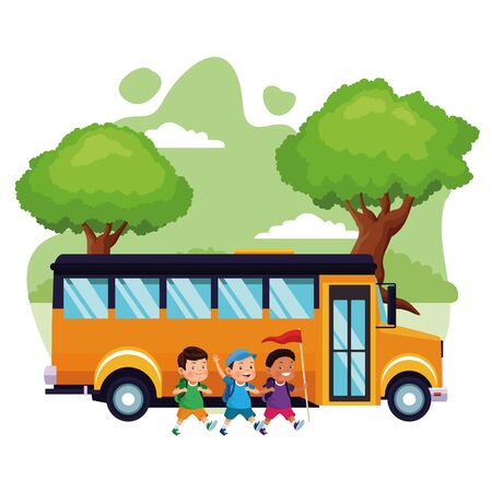 cartoon kids and school bus over white background, colorful design , vector illustrationのイラスト素材
