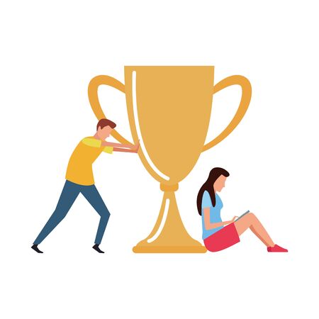 avatar man pushing a big trophy and avatar woman over white background, vector illustrationのイラスト素材
