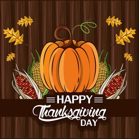 happy thanksgiving day card with pumpkin and leafs vector illustration designのイラスト素材