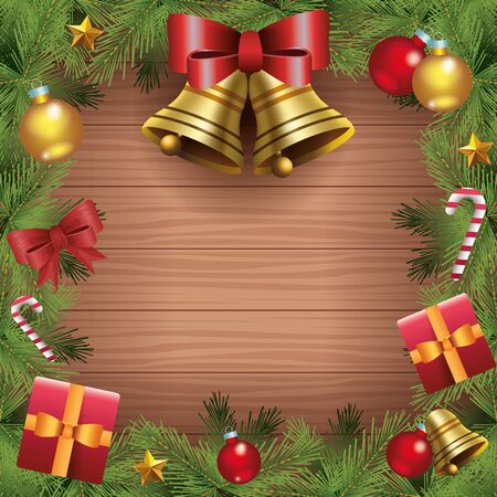merry christmas card with bells and gifts in wooden background vector illustrationのイラスト素材