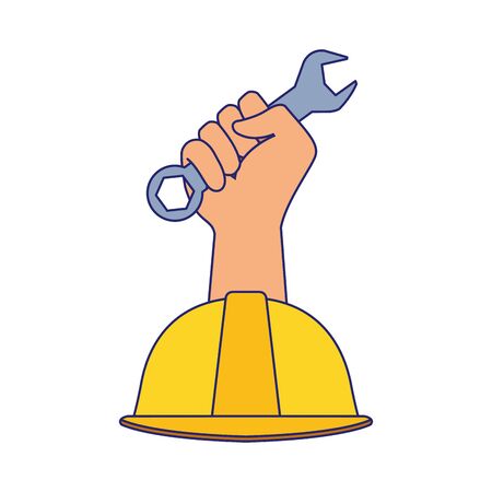 safety helmet and hand holding a wrench over white background, vector illustrationのイラスト素材