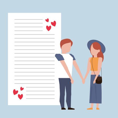 cute lovers couple with letter and hearts vector illustration designのイラスト素材