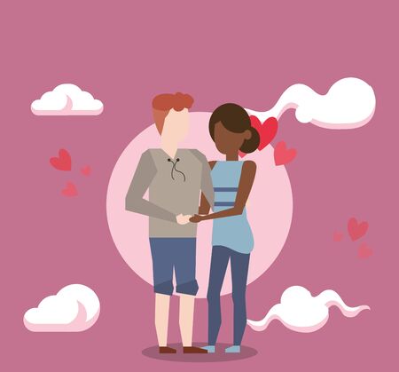 cute interracial lovers couple with hearts vector illustration designのイラスト素材
