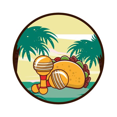 delicious taco mexican food with maracas vector illustration designのイラスト素材