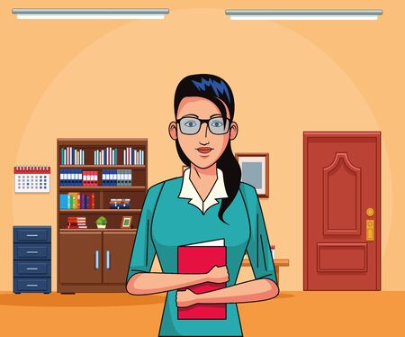 cartoon secretary at office scenery background, colorful design , vector illustrationのイラスト素材