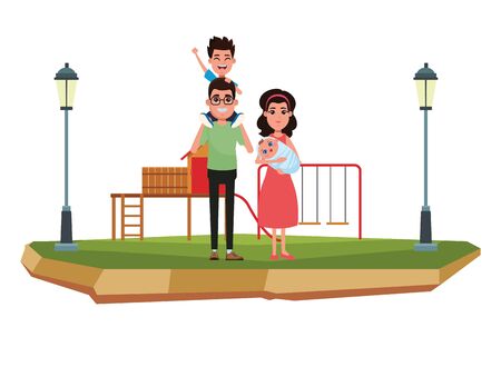 family avatar father with glasses carrying a boy in the shoulder and woman with bandana holding a baby profile picture cartoon character portrait outdoor over the grass in the playground with slide, swing and street lamps vector illustration graphic designのイラスト素材