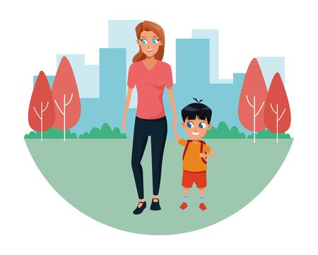 Family single mother with kid son holding school backpack in the city park scenery ,vector illustration.のイラスト素材
