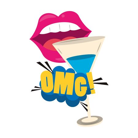 pop art design of female lips and cocktail drink over white background, vector illustrationのイラスト素材