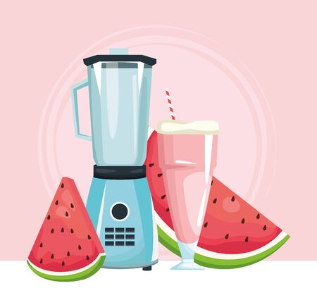 blender with watermelon juice and slices of the fruit over pink background, colorful design , vector illustrationのイラスト素材