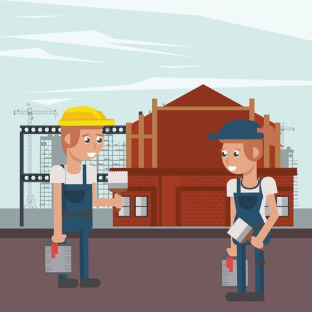 couple of builders working under construction scene vector illustration designのイラスト素材