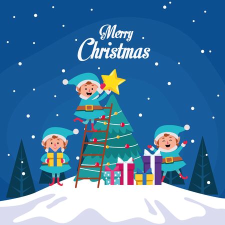 winter snowscape christmas scene with tree and elfs vector illustration designのイラスト素材