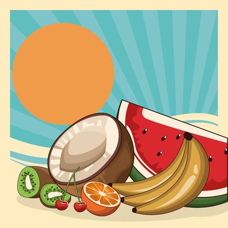 coconut and tropical fruits over retro abstract sunrise background, vector illustrationのイラスト素材