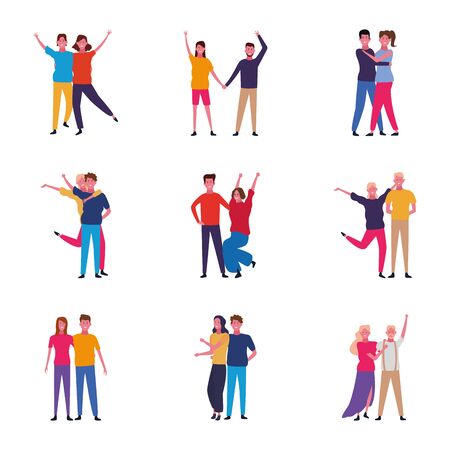 Set of happy couples having fun over white background, colorful design. vector illustrationのイラスト素材