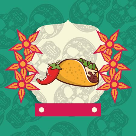 delicious taco mexican food with skulls heads pattern vector illustration designのイラスト素材