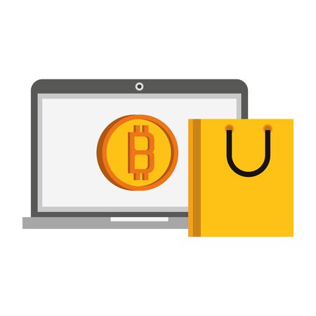 Bitcoin cryptocurrency laptop coin and shopping bag symbols vector illustration graphic designのイラスト素材