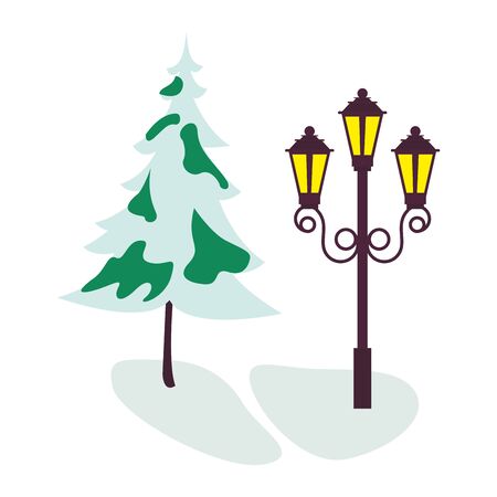 tree pine with snow and lantern street vector illustration designのイラスト素材