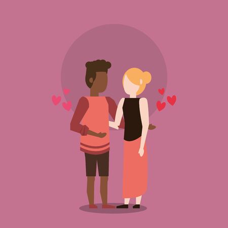 cute interracial lovers couple with hearts vector illustration designのイラスト素材