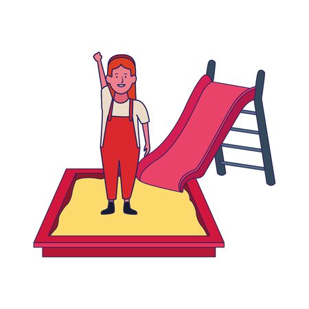 happy girl in sandbox and slide icon over white background, vector illustrationのイラスト素材