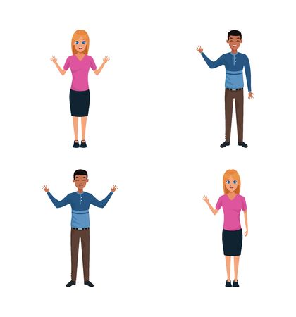 cartoon man and woman expressions icon set over white background, vector illustrationのイラスト素材