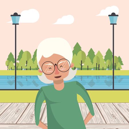 cute grandmother in the park landscape vector illustration designのイラスト素材