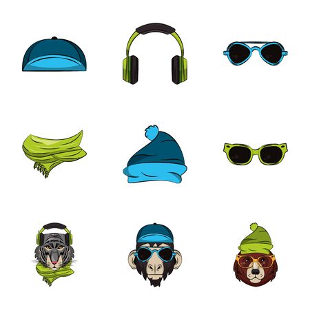 bundle of animals heads and accessories young style vector illustration designのイラスト素材