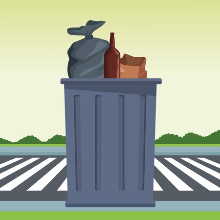trash garbage can, garbage bag, glass bottle and paper bag icon cartoon outdoor next to the street and some shruberry in the horizon vector illustration graphic designのイラスト素材