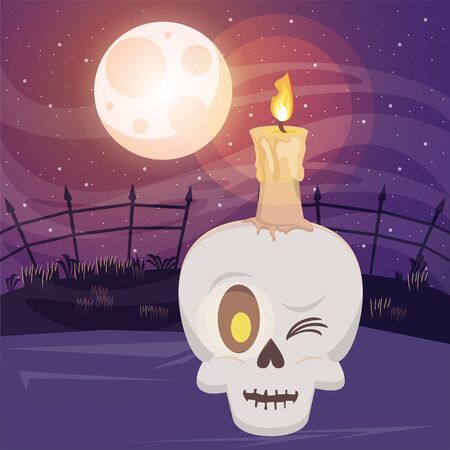 halloween dark scene with skull head vector illustration designのイラスト素材
