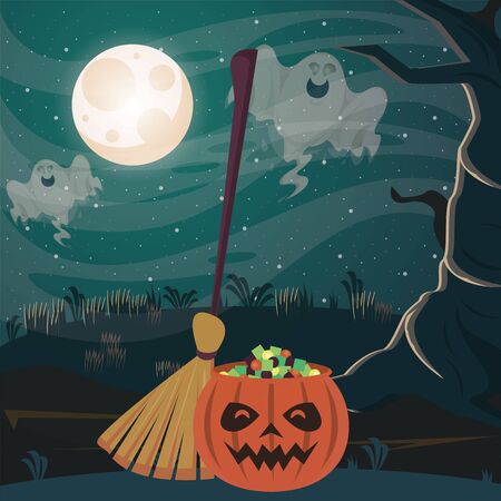 halloween dark scene with pumpkin vector illustration designのイラスト素材