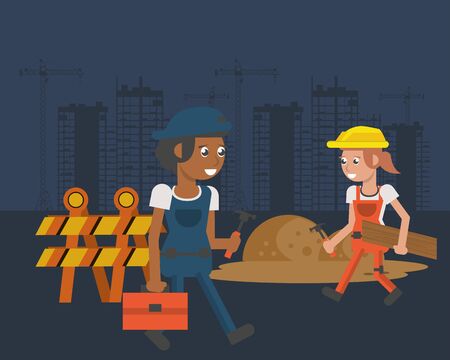 couple of builders working under construction scene vector illustration designのイラスト素材