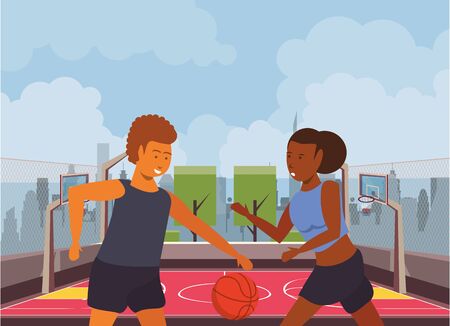 young couple athletes playing basketball with balloon vector illustration designのイラスト素材