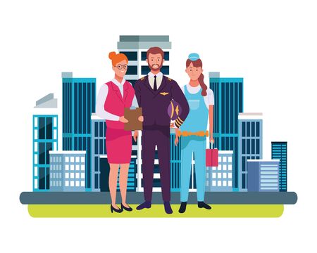 Professionals workers smiling with work tools cartoons in the city, urban scenery background ,vector illustration graphic design.のイラスト素材