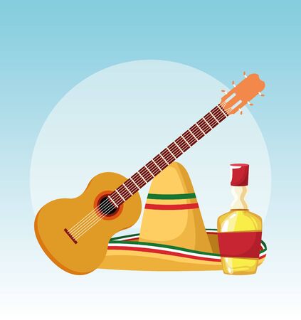 Mexican guitar hat and tequila design, Mexico culture tourism landmark latin and party theme Vector illustrationのイラスト素材