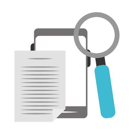 smartphone with paper page and magnifying glass over white background, colorful design. vector illustrationのイラスト素材