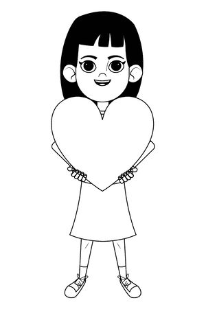 little kid girl carrying a big heart avatar cartoon character portrait isolated black and white vector illustration graphic designのイラスト素材