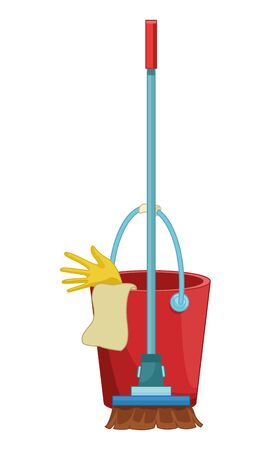 cleaning and hygiene equipment broom next to a cleaning bucket with glove and a cloth vector illustration graphic designのイラスト素材