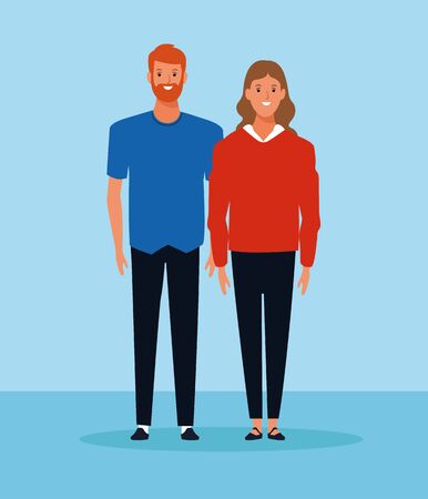 cartoon woman and man standing and wearing casual clothes over pink background, colorful design. vector illustrationのイラスト素材