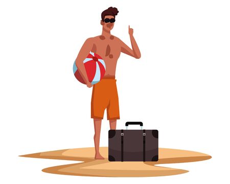 Young man in summer time with beach ball and suitcase cartoon vector illustration graphic designのイラスト素材