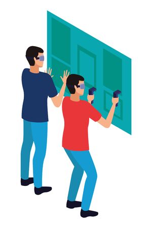 virtual reality technology, young men friends living a modern digital experience with headset glassesand joysticks cartoon vector illustration graphic designのイラスト素材