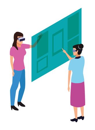 virtual reality technology, young women living a modern digital experience with headset glassestouching screen cartoon vector illustration graphic designのイラスト素材