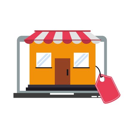 Online shopping and payment laptop with store and label tag symbols vector illustration graphic designのイラスト素材