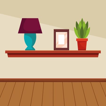 House decoration light lamo picture and plant pot on shelf home building interior scenery with wooden floor ,vector illustration graphic design.のイラスト素材