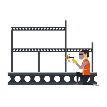 construction architectural engineering, worker making heavy welding work with protection safety equipment in under construction site cartoon vector illustration graphic designのイラスト素材