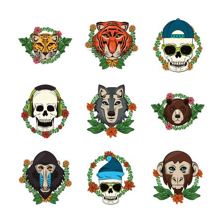 bundle of emblems animals and skulls vector illustration designのイラスト素材