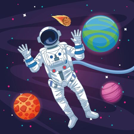 Astronaut flying in the space with stars and planets vector illustration graphic designのイラスト素材