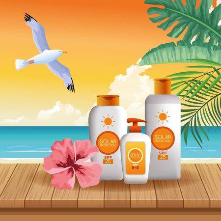 Solar protection bottles products for summer with bird flying and flower on beach background vector illustration graphic designのイラスト素材