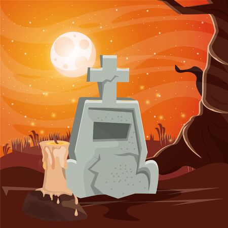 halloween dark scene with cemetery vector illustration designのイラスト素材