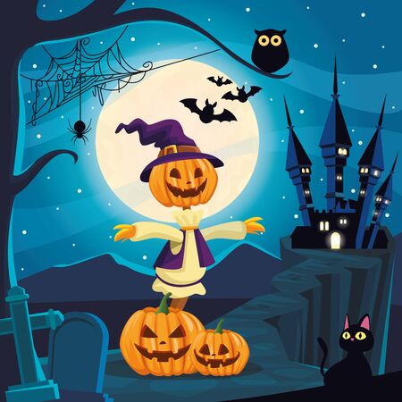 halloween dark scene with scarecrow and pumpkins vector illustration designのイラスト素材
