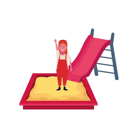 happy girl in sandbox and slide icon over white background, vector illustrationのイラスト素材